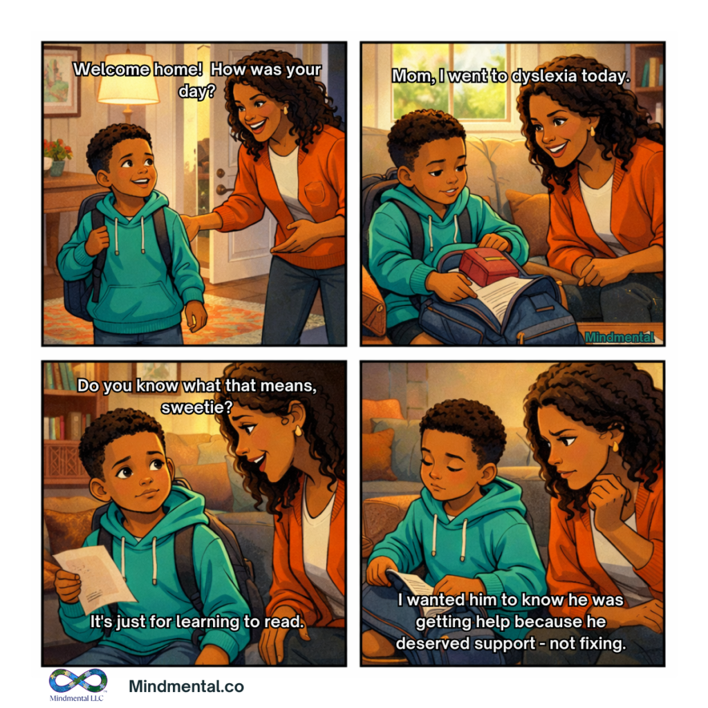 A four‑panel comic shows a young boy in a teal hoodie telling his mother, “I went for dyslexia.” They move from the doorway to a couch as she gently asks what he thinks it means. He replies, “It’s just for learning to read.” The final panel shows the mother reflecting that she wants him to know he’s getting help because he deserves support, not fixing.

CAPTION
He said it so simply: “I went for dyslexia.”
No fear. No hesitation. Just a word he’d heard in a place that felt safe.
Kids often hold language lighter than we do.
And sometimes the moment they name something is the moment we realize the support around them has felt steady enough to make the word feel ordinary instead of heavy.
Full story on the blog. 💙
#DyslexiaAwareness #NeurodivergentKids #TraumaInformedParenting #MilitaryFamilies

DESCRIPTION
This four‑panel illustration captures a tender moment between a mother and her son as he casually shares, “I went for dyslexia today.” Through their conversation, the comic highlights how children often understand support long before they understand labels. The final panel reflects the mother’s hope that he knows he’s receiving help because he deserves support—not because something is wrong with him. This graphic introduces the blog post “He Said Dyslexia: When Our Kids Name What We Haven’t Explained Yet,” a gentle exploration of language, identity, and learning differences.

A four‑panel comic shows a young boy in a teal hoodie telling his mother, “I went for dyslexia.” They move from the doorway to a couch as she gently asks what he thinks it means. He replies, “It’s just for learning to read.” The final panel shows the mother reflecting that she wants him to know he’s getting help because he deserves support, not fixing.