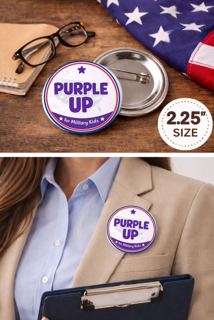Purple Up for Military Kids button mockup showing 2.25 inch circular design with purple text and patriotic border on blazer lapel