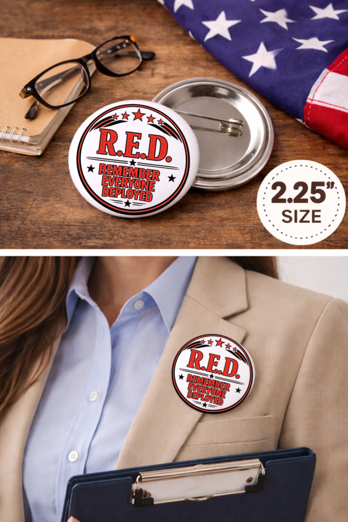 RED Friday button mockup showing 2.25 inch bold design with R.E.D. text and stars on white background worn on blazer