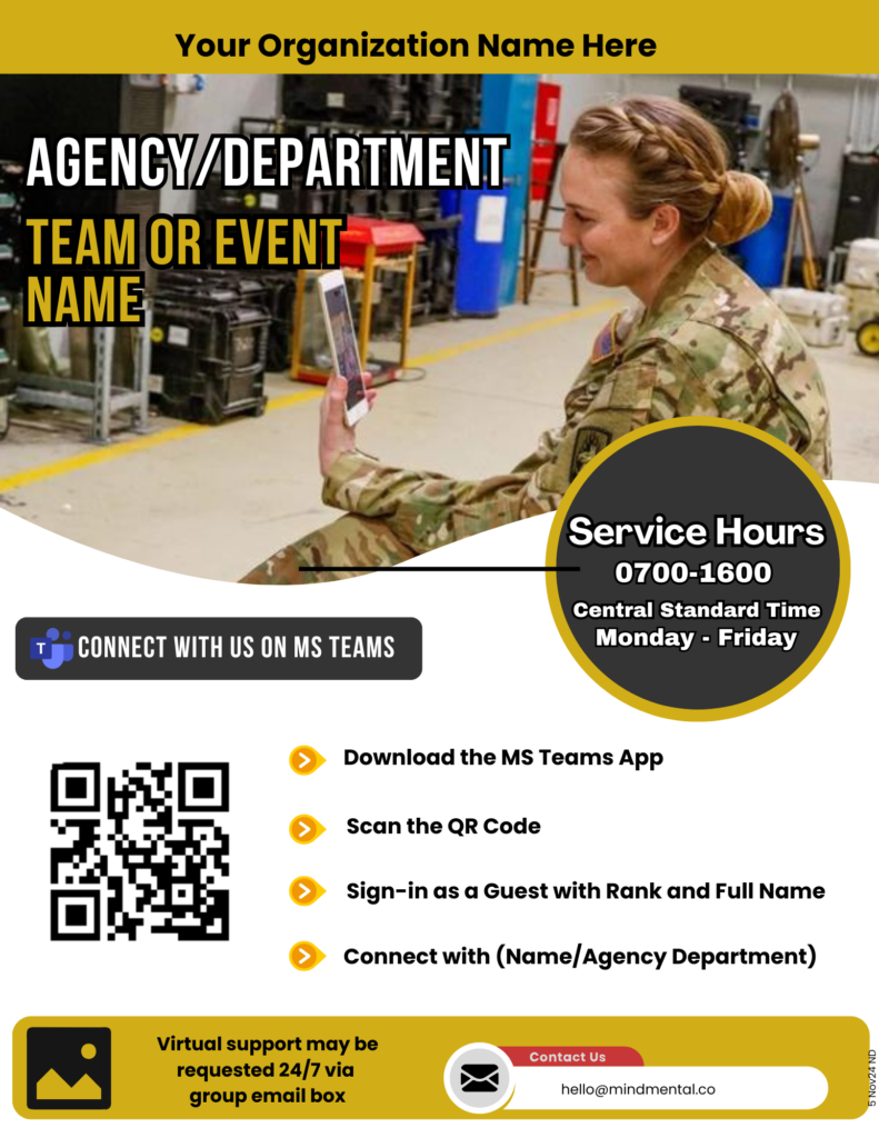 Military Education Campaign Flyer - Virtual Workshop Promotion Template Professional military education campaign flyer template featuring QR code integration, virtual meeting access instructions, and service hours for Army career development workshop designed by Mindmental