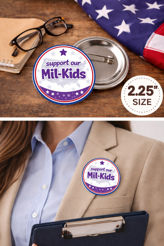 Support Our Mil-Kids button mockup showing 2.25 inch purple circular design with patriotic border worn on beige blazer