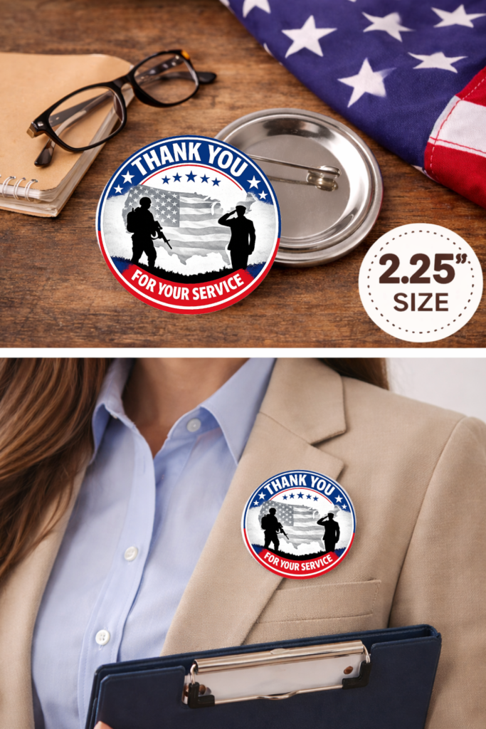Thank You for Your Service button mockup showing 2.25 inch design with military silhouettes and US map on blazer lapel