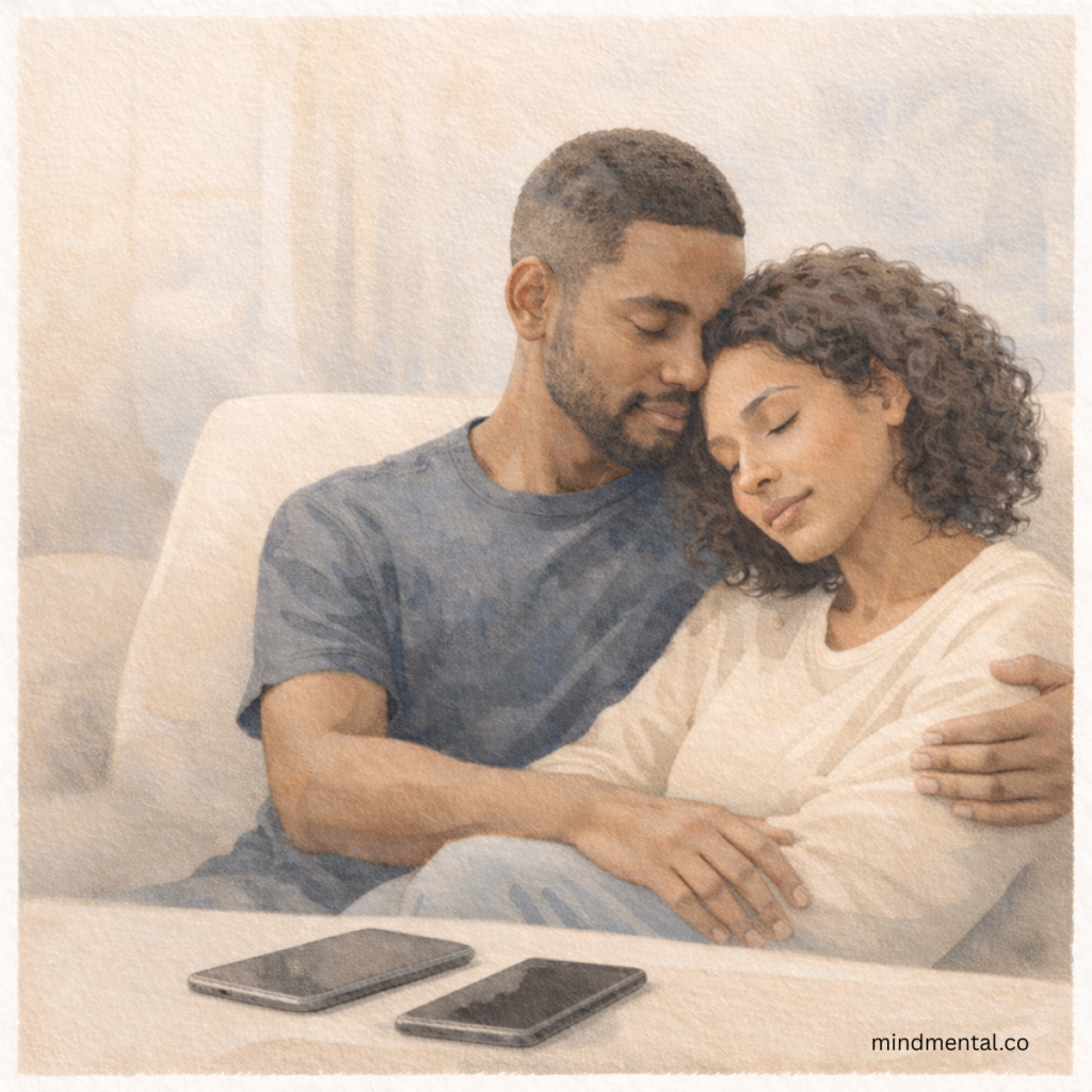 Couple sitting together looking at tablet, discussing plans - intentional quality time without perfection