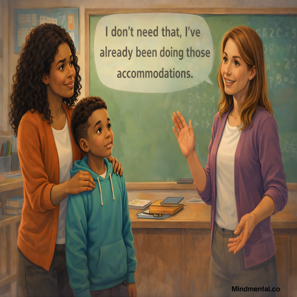 Illustration of a parent and child meeting with a teacher in a classroom. The teacher is gesturing dismissively while saying "I don't need that, I've already been doing those accommodations." The parent appears frustrated, standing protectively near their child. The scene depicts a common IEP or 504 meeting dynamic where parents face resistance when requesting formal support.