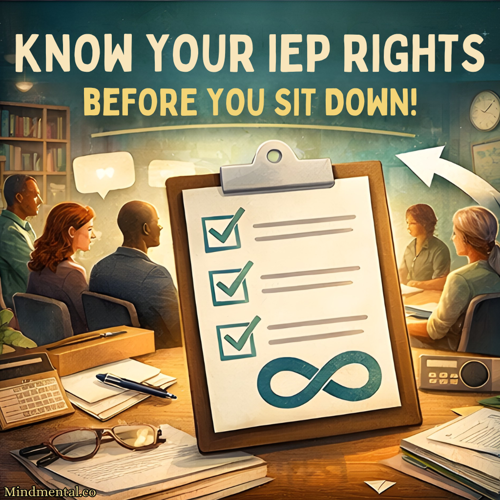 A group of educators sits around a table reviewing documents, with a clipboard showing a checklist in the foreground. Text reads “Know Your IEP Rights Before You Sit Down.”