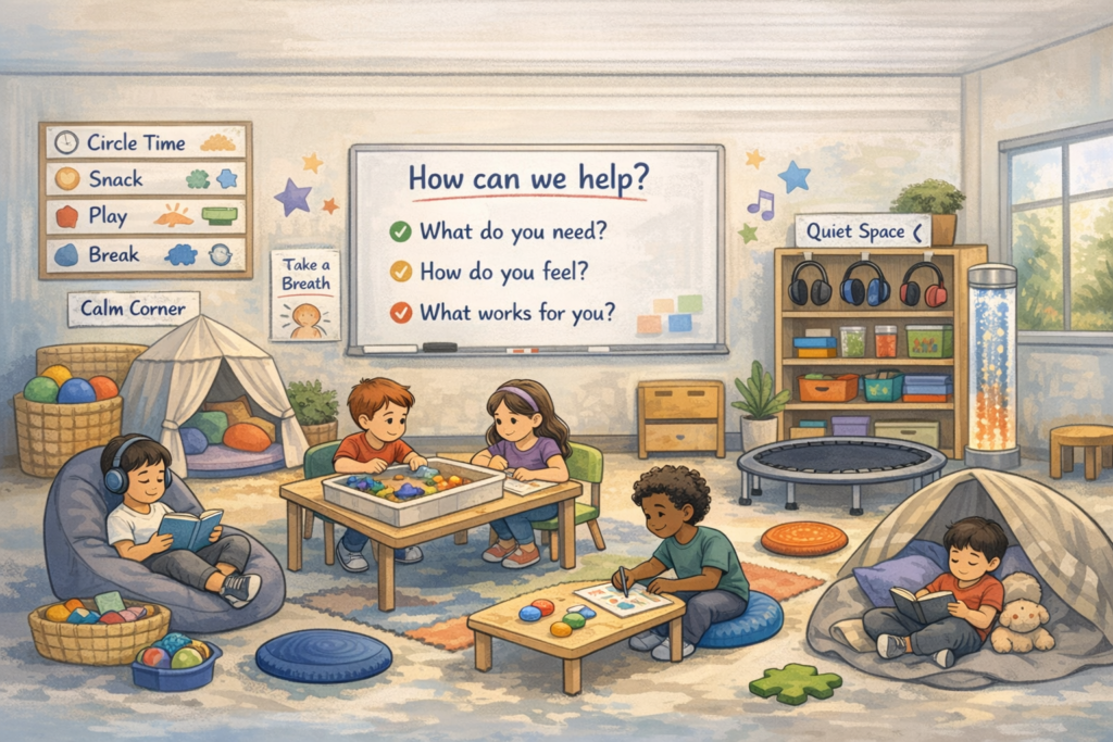 An inclusive elementary classroom with sensory tools, flexible seating, and a central whiteboard asking “How can we help?” Children engage in reading, drawing, and sensory play in a calm, neurodiversity-affirming environment.