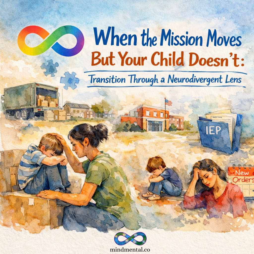 Watercolor illustration of a military mother comforting a child amid moving boxes during a PCS move. A second child sits alone in the background with head in hands. A moving truck, school building, and IEP folder are visible. Rainbow infinity symbol and Mindmental logo displayed. Text reads: When the Mission Moves But Your Child Doesn't: Transition Through a Neurodivergent Lens.