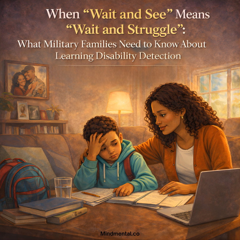 Mother comforting frustrated child struggling with homework at table, military family photo on wall, warm evening lighting illustrating learning disability challenges