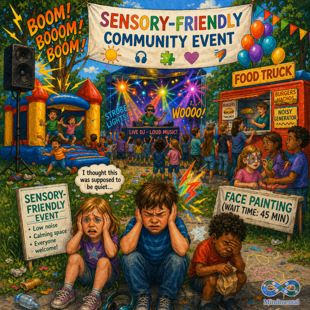 Illustration contrasting "sensory-friendly event" signage with overwhelming reality. Banner reads "Sensory-Friendly Community Event" with icons of headphones, puzzle pieces, and hearts. Background shows loud DJ with strobe lights, bounce house, noisy food truck generator, and balloons. Foreground shows three distressed children sitting on ground covering their ears. One child's thought bubble reads "I thought this was supposed to be quiet." Sign nearby lists promised features: "Low noise, Calming space, Everyone welcome." Face painting booth shows 45-minute wait time.