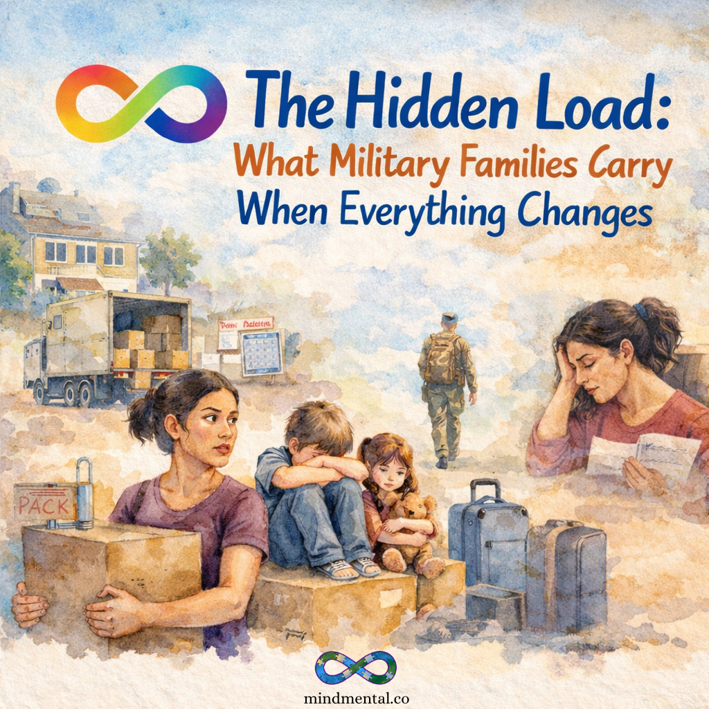 Book cover showing a military family during a PCS move. A mother holds a box labeled "fragile," children sit on moving boxes looking tired, suitcases are packed, and a service member in uniform walks toward a moving truck. Title reads "The Hidden Load: What Military Families Carry When Everything Changes" with a rainbow infinity symbol logo.