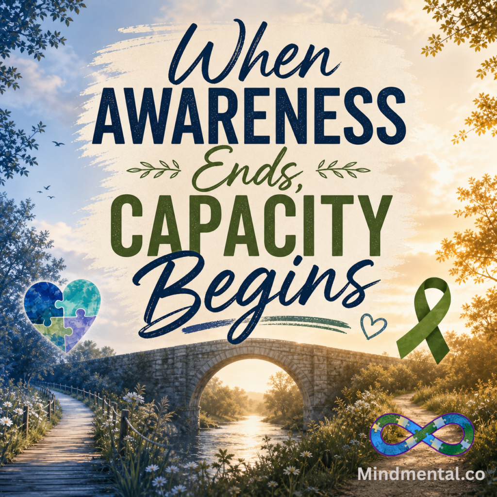 Infographic titled "When Awareness Ends, Capacity Begins: A Bridge from April to May" with peaceful spring landscape background showing river and cherry blossoms. Features autism awareness heart with puzzle pieces on left and mental health awareness green ribbon on right. Main text explains April reminds us to retrain thinking on autism and expand acceptance, while May asks if we've extended grace to ourselves. States "Every year, the shift from Autism Awareness & Acceptance Month into Mental Health Awareness Month hits differently for families like ours—especially for military families and neurodivergent households where the emotional load doesn't reset when the calendar does." Three main sections: 1) Capacity is Mental Health (brain icon) - explains capacity as physiological reality involving nervous system, environment, body signals, and responsibilities. 2) The Load No One Sees (parent/child icon) - describes invisible labor of ND parents including interpreting, advocating, buffering, absorbing, and preparing. 3) Guilt is Not a Metric (heart icon) - addresses parental guilt from April (advocacy questions) and May (exhaustion questions), states guilt signals exceeded capacity, not failed character. Bottom section for military families emphasizes "Families serve too" with text "That cost is real. It counts. And naming it is where recovery starts." Includes photo of white mug reading "You can't pour from an empty cup" next to plant and notebook with handwritten text "care is not selfish, it's sustainable." Mindmental logo visible.