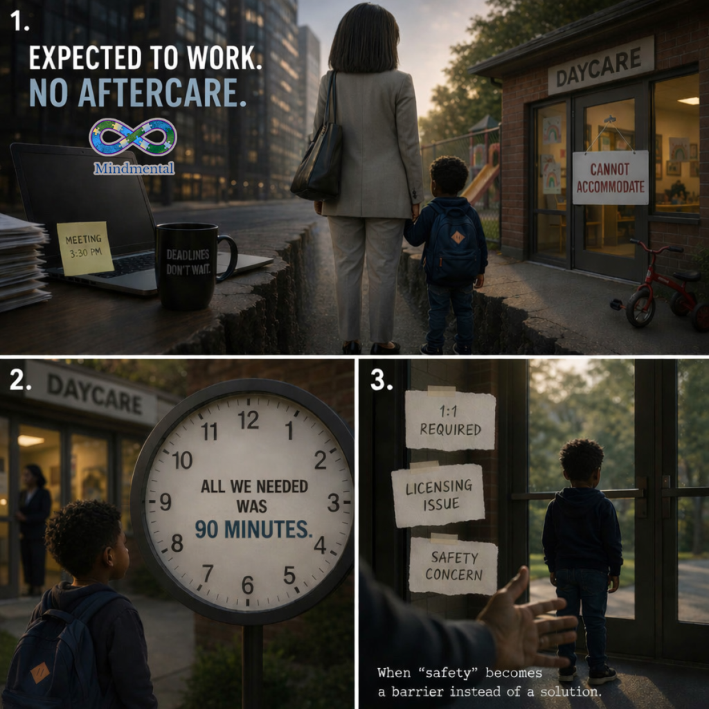 Three-panel illustration of working parent facing childcare exclusion. Panel 1: Parent in business attire with child approaching daycare displaying "CANNOT ACCOMMODATE" sign, desk shows work deadline. Panel 2: Clock reading "ALL WE NEEDED WAS 90 MINUTES." Panel 3: Child at window with notes showing shifting excuses (1:1 required, licensing issue, safety concern). Caption: "When 'safety' becomes a barrier instead of a solution."