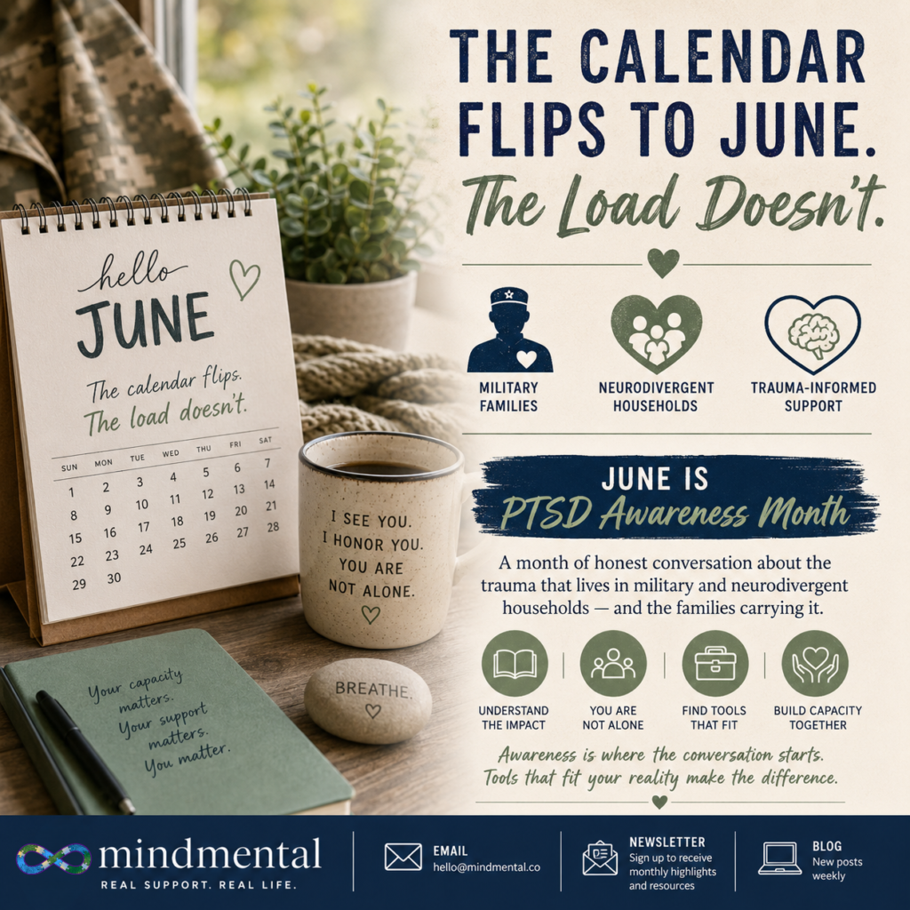 Mindmental infographic with Hello June calendar, PTSD Awareness Month banner, and mug reading I See You I Honor You You Are Not Alone, with icons for military families and neurodivergent households