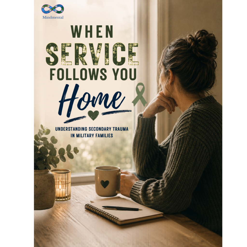 A mental health awareness poster showing a person in military uniform leaving home while another person sits on a couch holding a mug. The scene highlights the emotional impact of service on families and promotes understanding of secondary trauma and PTSD awareness.