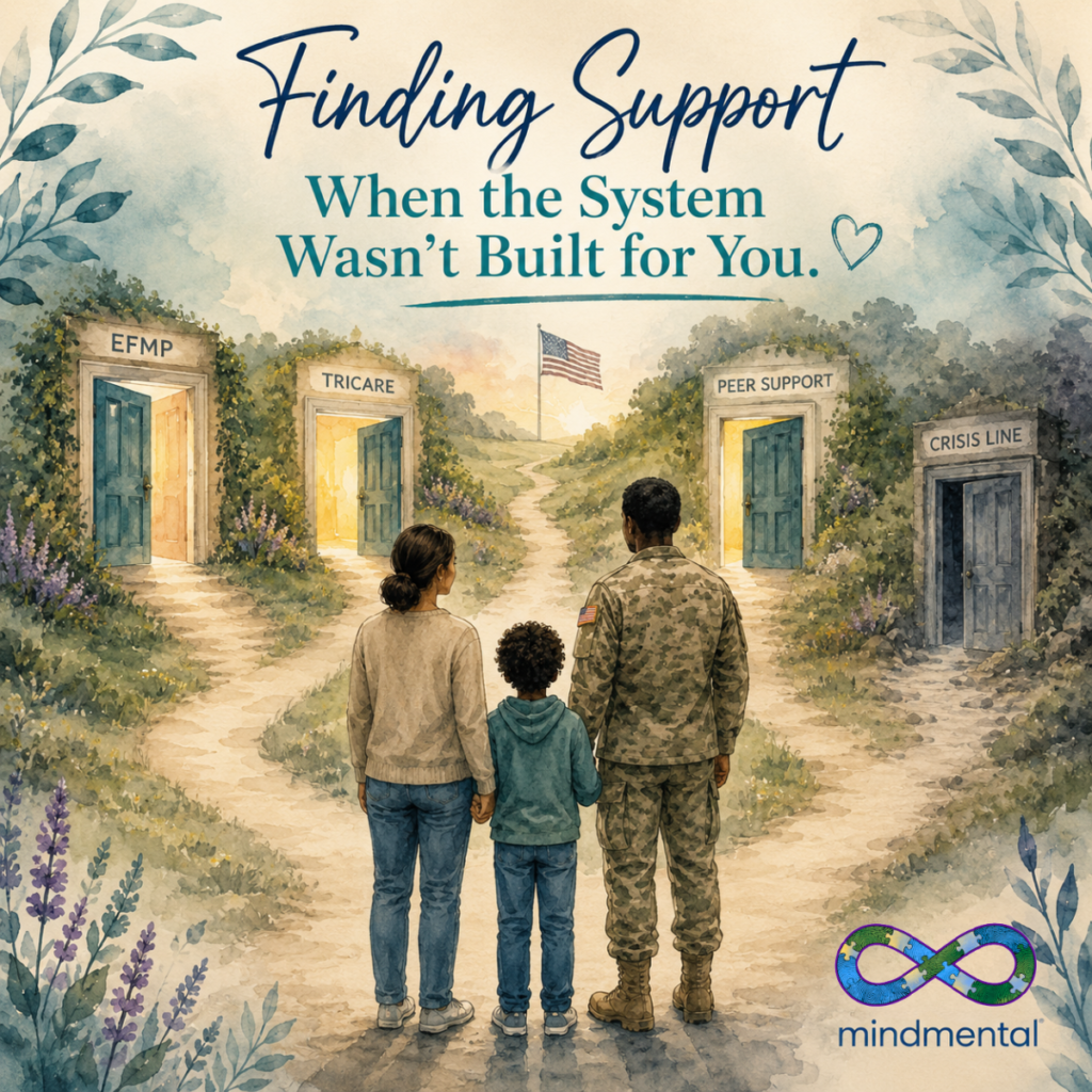 A military family stands at a crossroads with multiple labeled paths—EFMP, TRICARE, Peer Support, and Crisis Line—symbolizing the challenge of navigating support systems not built for their needs.