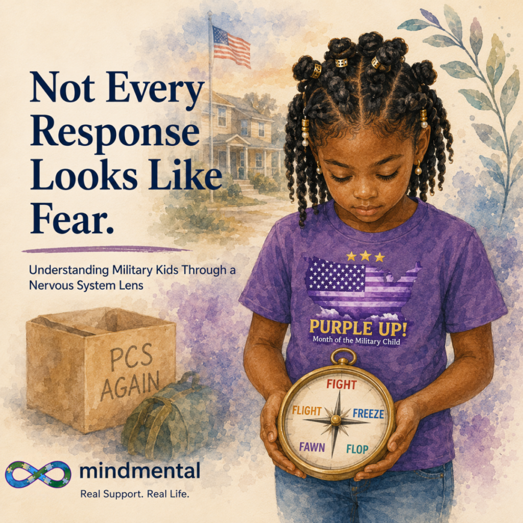 Military kids trauma responses — Black girl in Purple Up shirt holding compass...