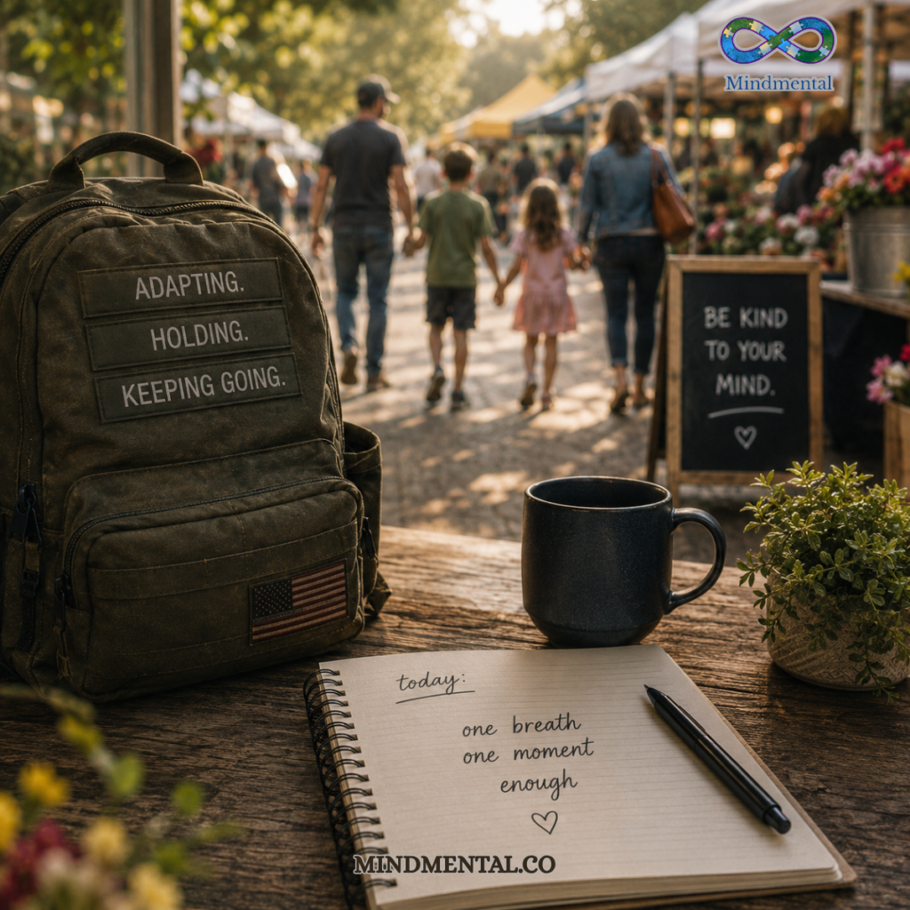 Military backpack reading Adapting Holding Keeping Going beside dark mug and open notebook with handwritten text reading one breath one moment enough at outdoor market.