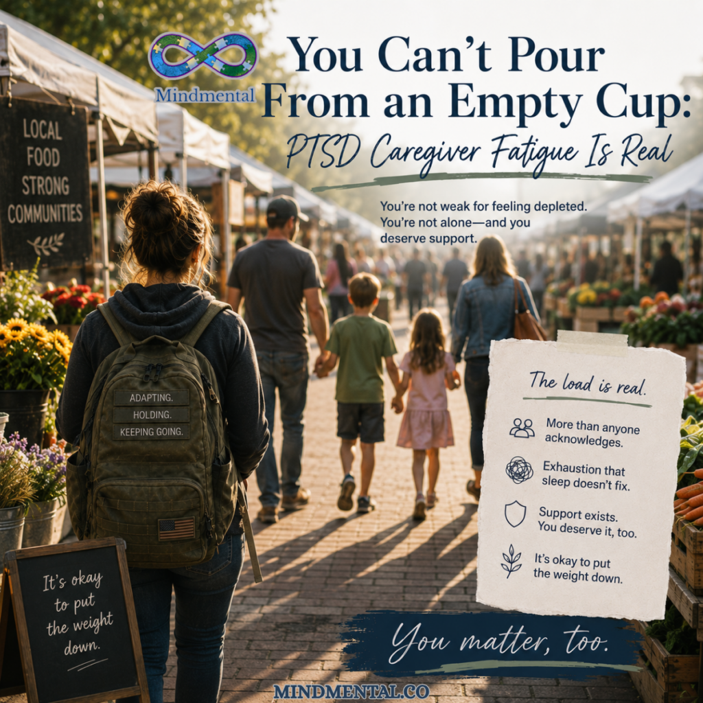 Military family walking together at outdoor market with woman carrying backpack reading Adapting Holding Keeping Going, and note card listing The Load Is Real with You Matter Too banner overlay