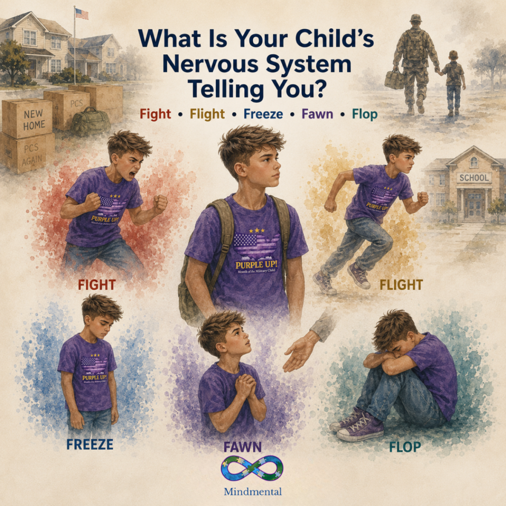 A watercolor illustration of a Black girl approximately 7-8 years old with braids and gold bead accessories, wearing a purple "Purple Up! Month of the Military Child" t-shirt and jeans. She holds a brass compass showing five trauma responses: Fight, Flight, Freeze, Fawn, and Flop in different colors. Behind her, a PCS moving box labeled "PCS Again," base housing, and an American flag are visible. A botanical branch appears upper right. Text overlay reads "Not Every Response Looks Like Fear" with subtitle "Understanding Military Kids Through a Nervous System Lens." Mindmental logo and tagline "Real Support. Real Life." appear at bottom left. Featured image for the Mindmental article on trauma responses in military and neurodivergent children, published June 27, 2026 on National PTSD Awareness Day.