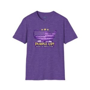 Purple Up Month of the Military Child t-shirt in heather purple with American flag map graphic and gold stars Mindmental brand