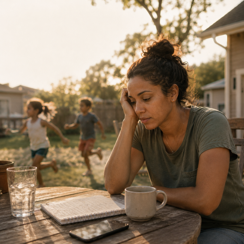 Adult sitting at an outdoor table looking tired while children run and play in the yard behind them.