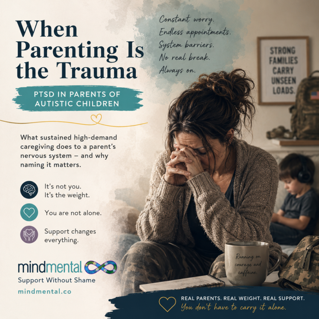 Military mother sitting on bed with head in hands, autistic child wearing headphones in background, illustrating PTSD in parents of autistic children.