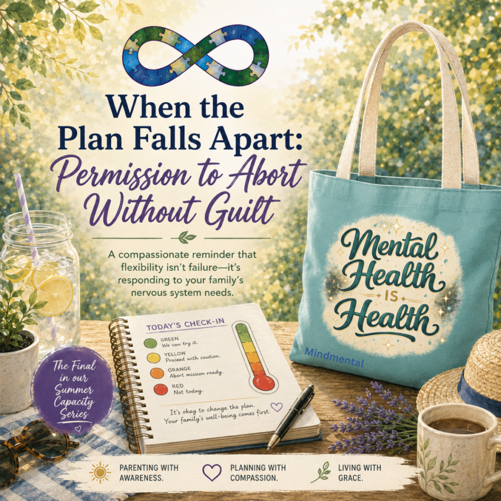 Featured graphic for "When the Plan Falls Apart: Permission to Abort Without Guilt" showing a four-zone nervous system check-in card, Mindmental tote bag, and the tagline "It's okay to change the plan. Your family's well-being comes first."