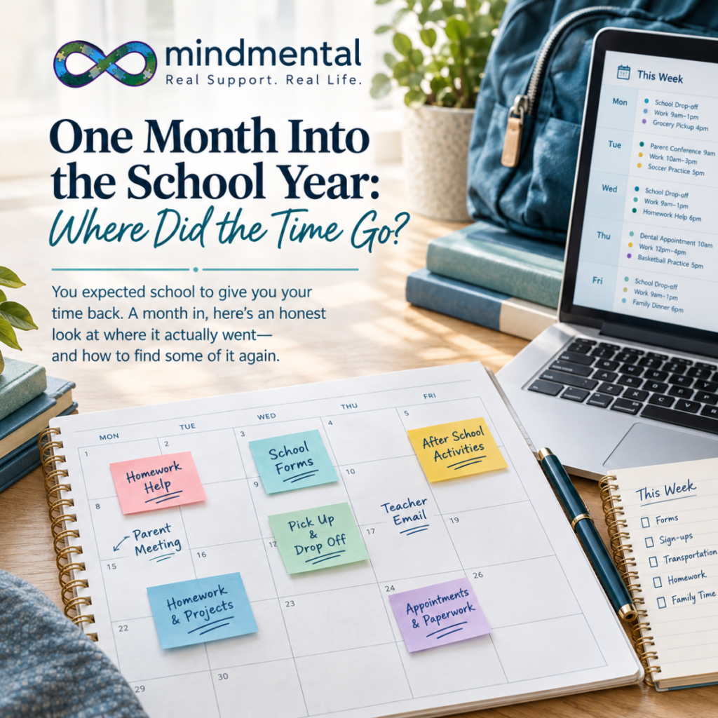 Featured graphic for One Month Into the School Year, Where Did the Time Go, showing a monthly calendar with sticky notes labeled homework help, school forms, pickup and drop off, teacher email, and after school activities.