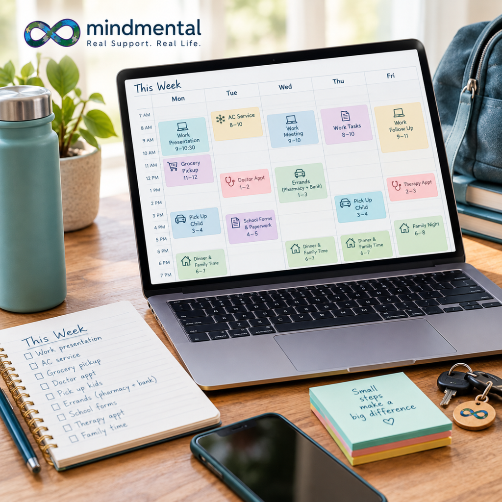 Laptop screen showing a color-coded weekly calendar filled with work meetings, appointments, school pickups, and errands, next to a handwritten to-do list and a sticky note reading small steps make a big difference.