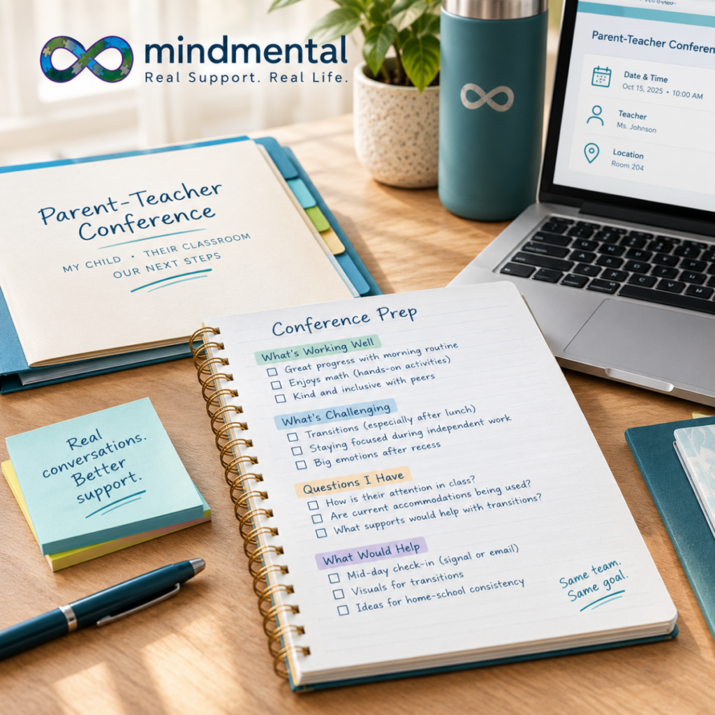 Notebook labeled Conference Prep with sections for what's working well, what's challenging, questions to ask, and what would help, next to a laptop showing a scheduled parent-teacher conference and a sticky note reading real conversations, better support.